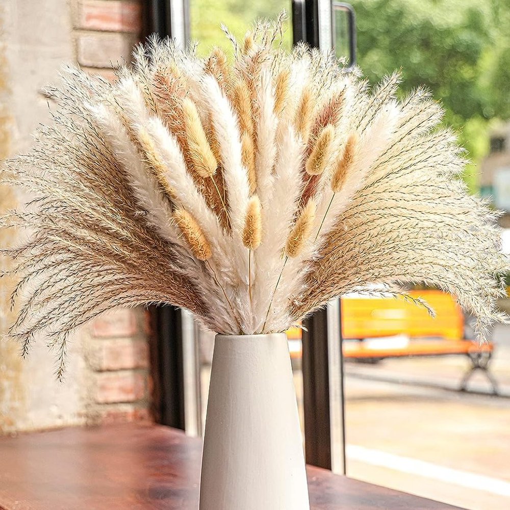 NEW 100 Pcs 17" Fluffy Neutral Pampas Grass Boho Home Decor Mixed Dried Bouquet
